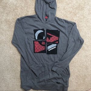 NWOT Gray Long Sleeve Quicksilver T-Shirt with hood & black, white, red logo. XL